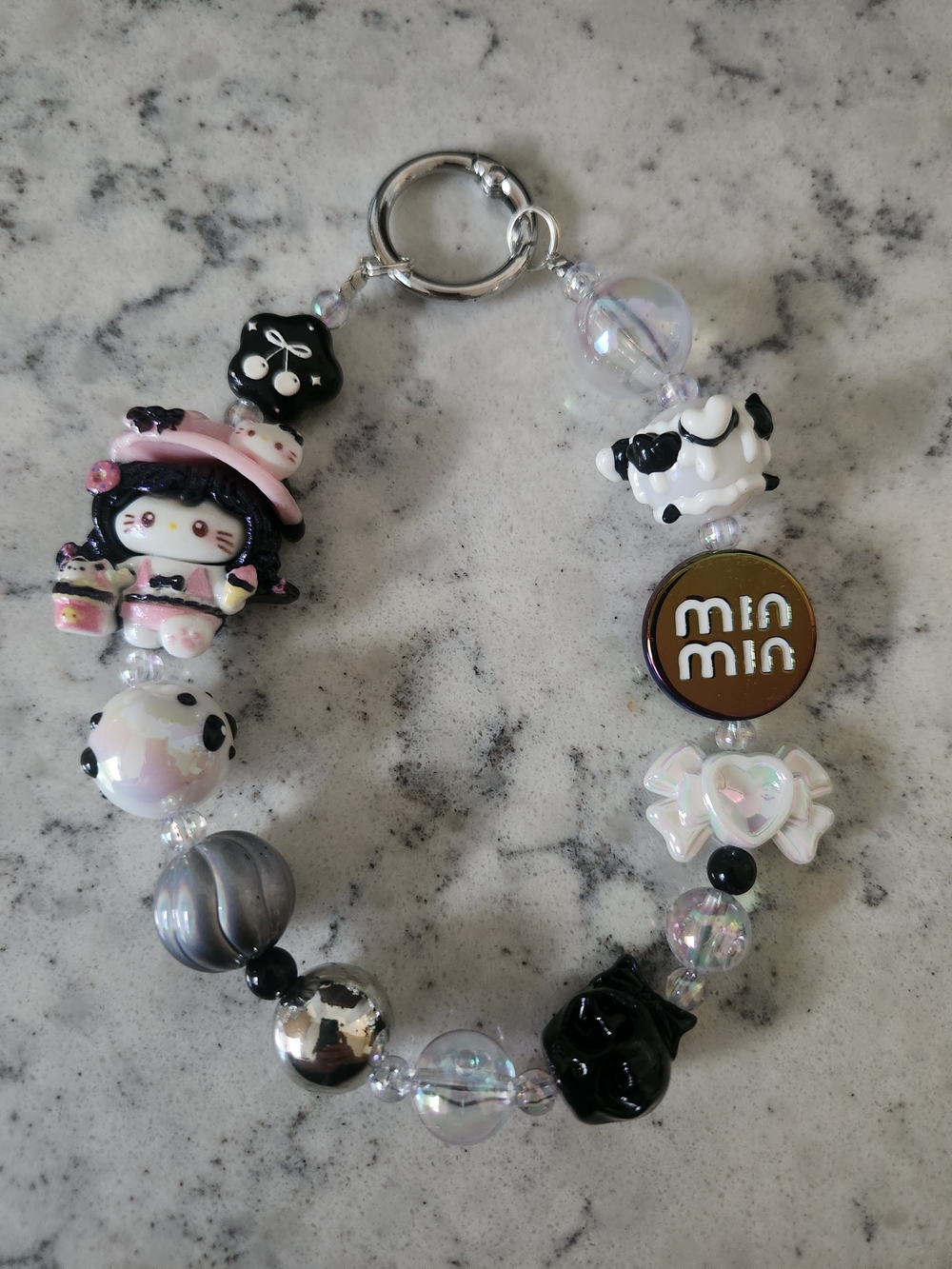 Kawaii Black & Pink Beaded Charm Keychain